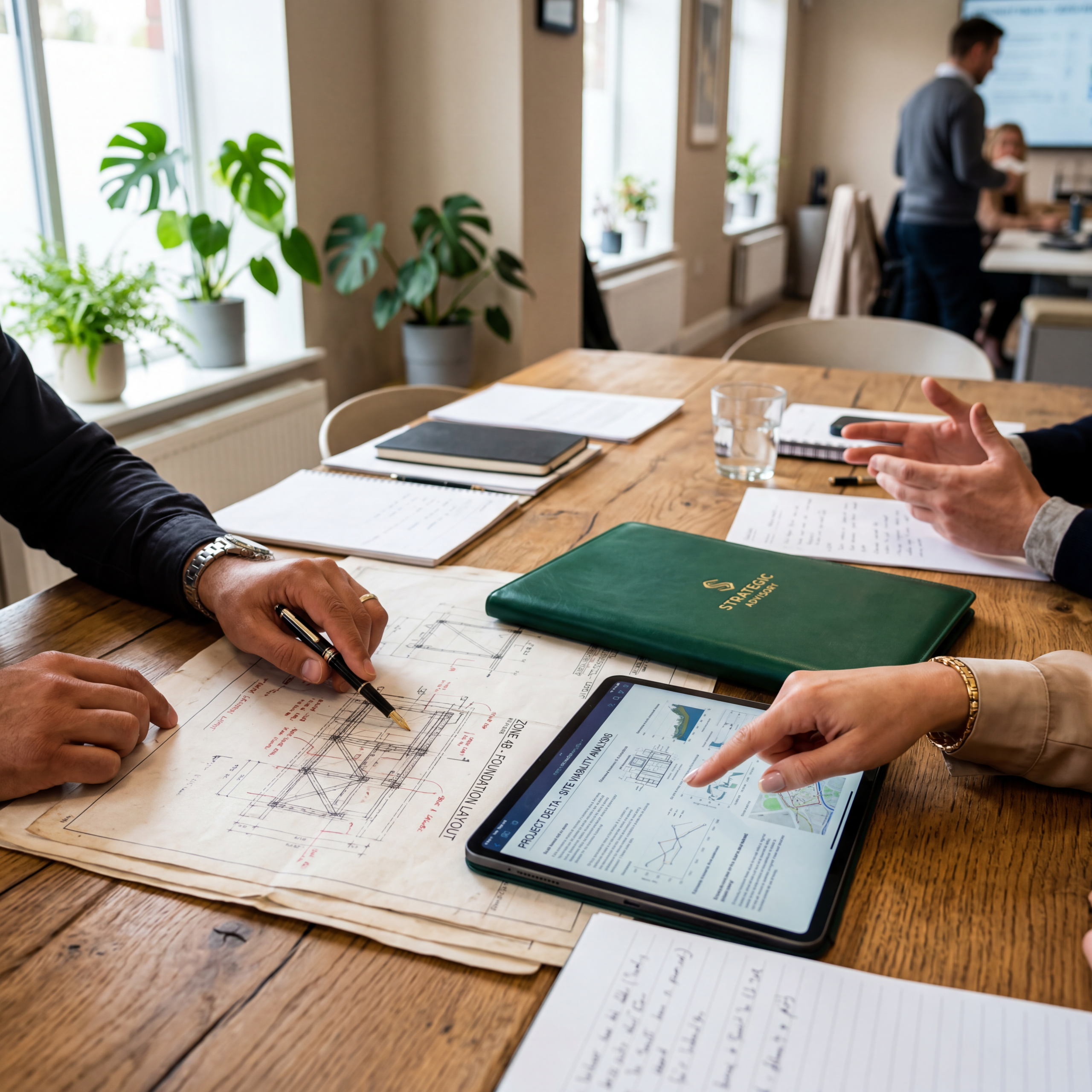 Close-up shot of a strategic workshop session, hands pointing at detailed blueprints 290050